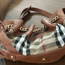 Burberry Margate Brown Leather Classic Nova Check Large Plaid Shoulder Bag