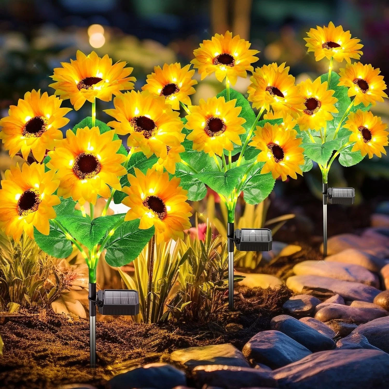 Solar Lights Outdoor Garden Decor, Upgraded 3 Pack with 18 Sunflowers, Auto On/O