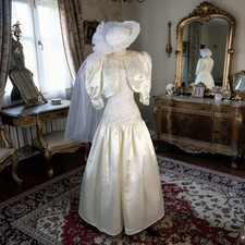 Vintage Jessica McClintock Ivory Wedding Gown Sz 10 w/ Shrug & Headpiece