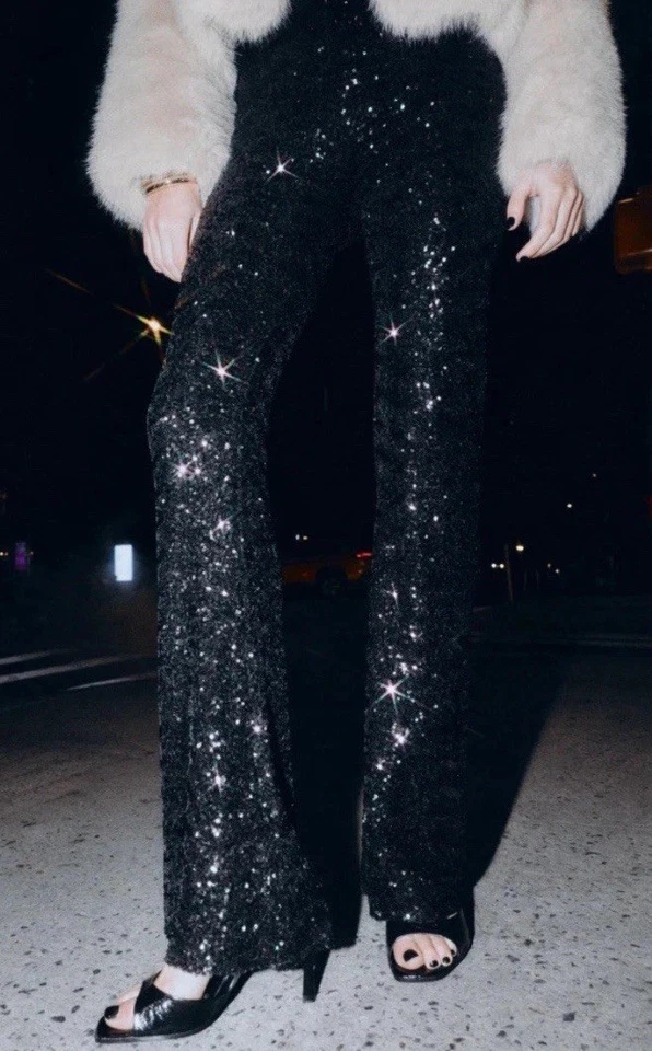 ZARA MUJER NEGRO CINTURA ALTA ACAMPANADO LENTEJUELAS LEGGINGS PANTALONES TALLA S  Foto 4 de 4