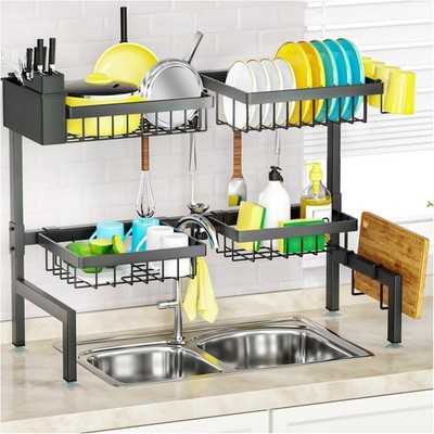 Dish Drying Rack Over Sink Kitchen Organizer 2 Tier Black Plate Utensil Holder