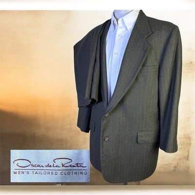 Oscar de la Renta 2 Piece Suit Mens 50S 40x26 Green Stripe Flannel Wool