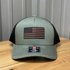 Richardson American Flag Patch Trucker Green/Black Mesh Snapback MD-LG Hat New
