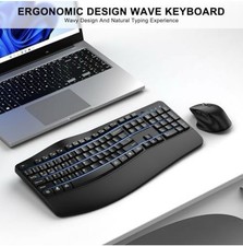 Wireless Keyboard and Mouse Combo, 2.4G Full Size Wave Keys Ergonomic Keyboard