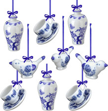 9-Piece Blue  White Porcelain Ornaments, Chinoiserie Tree Decor, Ceramic Bundle