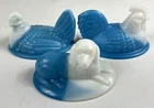 VINTAGE BLUE & WHITE MILK GLASS CHICKEN & DOG ON NEST LIDS