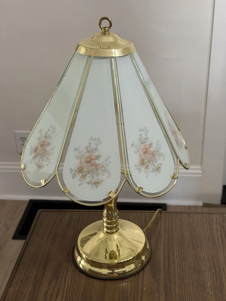 Vintage Glass Brass Touch Lamp  Pink Foral 3 lights 8 panel. 22" Tall Works! - Image 2 of 4