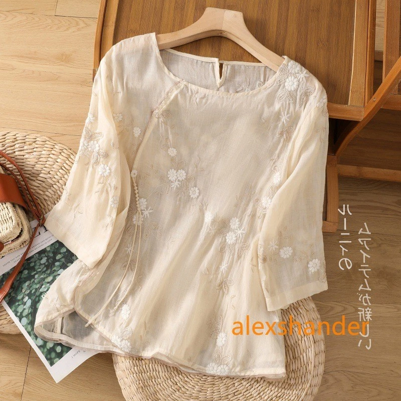 Embroidered Loose Top Women's Artistic Retro Loose Cotton Linen Shirt Blouse