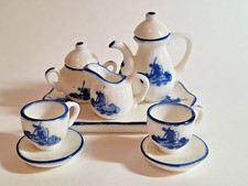 Delft Blue  White Miniature Retro VTG Taiwan Set 9 Ceramic Windmill Teaset Tray