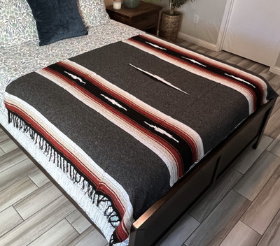 Authentic Mexican Blanket Grey Rust White Diamond | Yoga Blanket | Home | Picnic