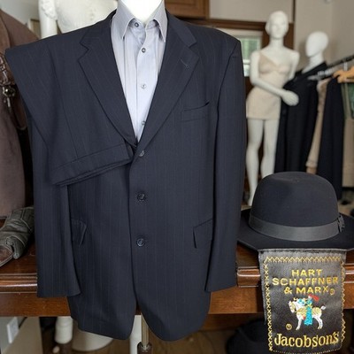 Hart Schaffner Marx Suit 2 Piece Mens 44L 34X33 Dark Navy Strp 3 Button VL Wool