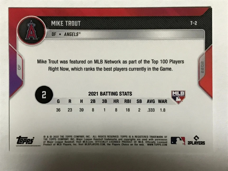 MIKE TROUT 2022 MLB TOPPS NOW® MLB Network's Top 100 #T-2 NUMBERED 29/49 IN HAND - Image 2 of 2