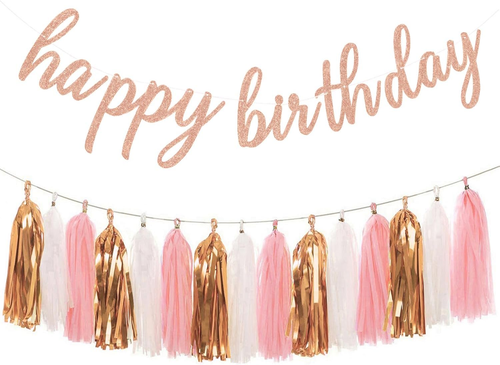 Rose Gold Happy Birthday Decorations - Glittery Rose Gold Happy Birthday Banner