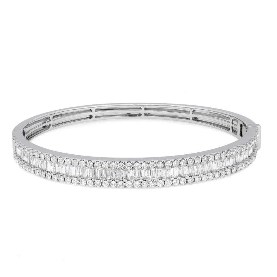 Baguette & Round Cut Diamond Bangle Bracelet 18K White Gold 3.12Cttw 