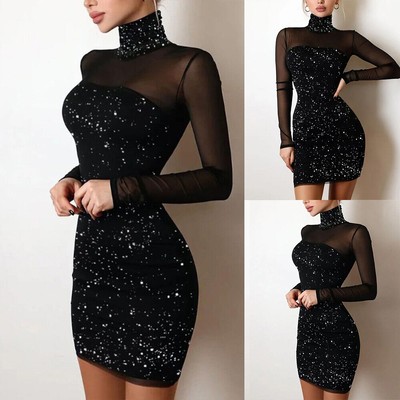 Damen Sexy Mesh Minikleid Bodycon Partykleid Abendkleid Cocktailkleid Clubwear