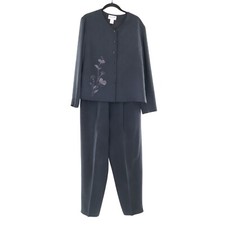 Pendleton Embroidered Silk Leisure Suit Women L Navy Vintage Vacay Resort Travel