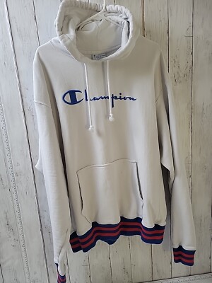 Vintage Champion Sweatshirt Mens XL White Reverse Weave Hoodie Striped  Blue/Red