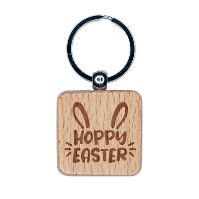 Hoppy Happy Easter Bunny Ears Engraved Wood Square Keychain Tag Charm