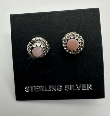 Esther White Navajo Handmade Artisan Pink Conch Stud Earrings Sterling Silver