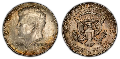 1964 50c Kennedy Silver Half Dollar - BU - Colorful Original Toning - SKU-H1444