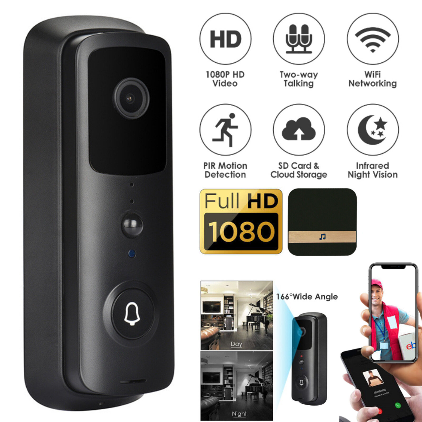 WiFi Ring Doorbell 1080P HD Security Camera Wireless Door Bell Camera W/ ChimeIz-image