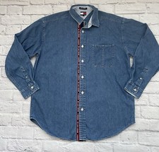 VINTAGE Tommy Hilfiger Shirt Mens Size Large Blue Denim Metal Button Up 90s