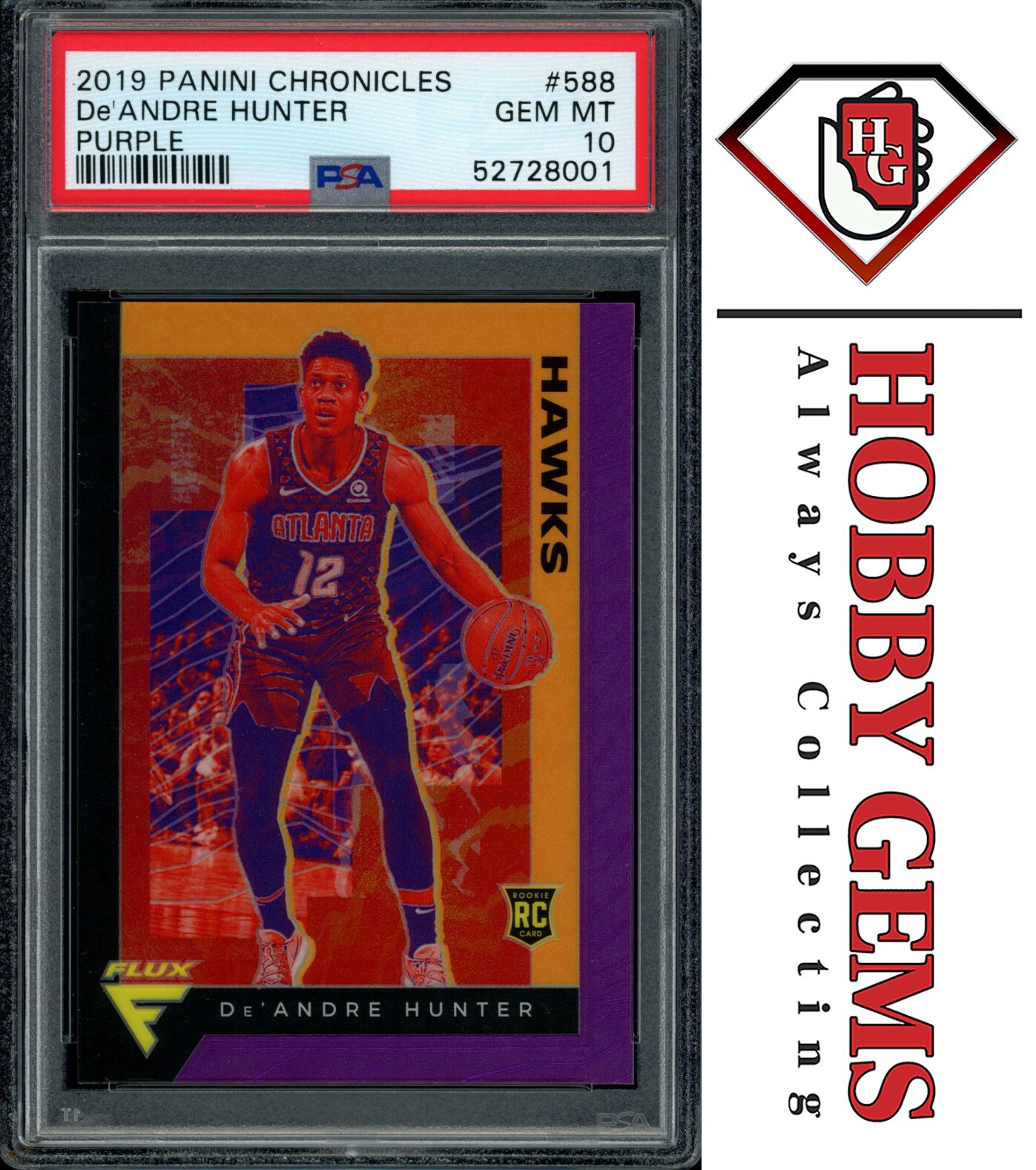 DE'ANDRE HUNTER PSA 10 2019-20 Panini Chronicles RC Flux Purple Prizm 7/49 #588
