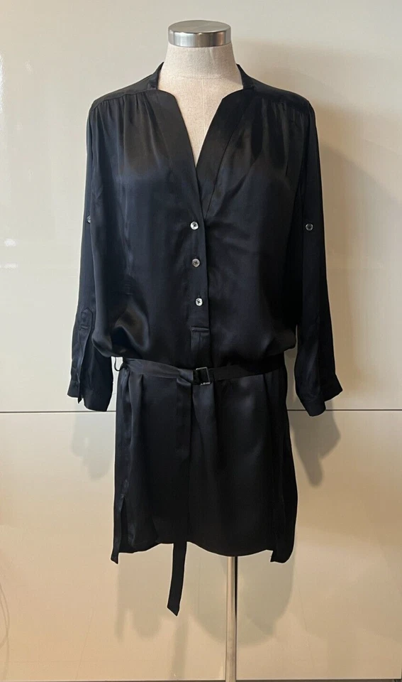 Vestido Camisa Ann Demeulemeester Negro Seda Satén, Manga Pestaña, Cinturón 36/Pequeño Foto 3 de 4