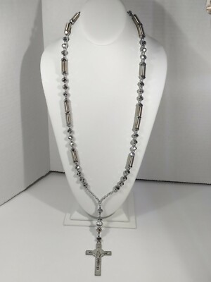 Silver Tone And Faux Silver Crystal Rosary religious cross