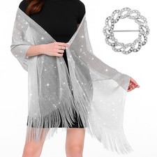 Women's Shawls and Wraps for Evening Dresses Glitter Shawls Fringe Bridal Cap...