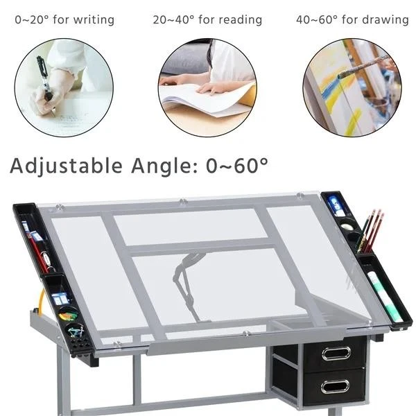 Modern Glass Top Drafting Table For Artists Designers Crafts Students Adjustable - Image 4 of 4