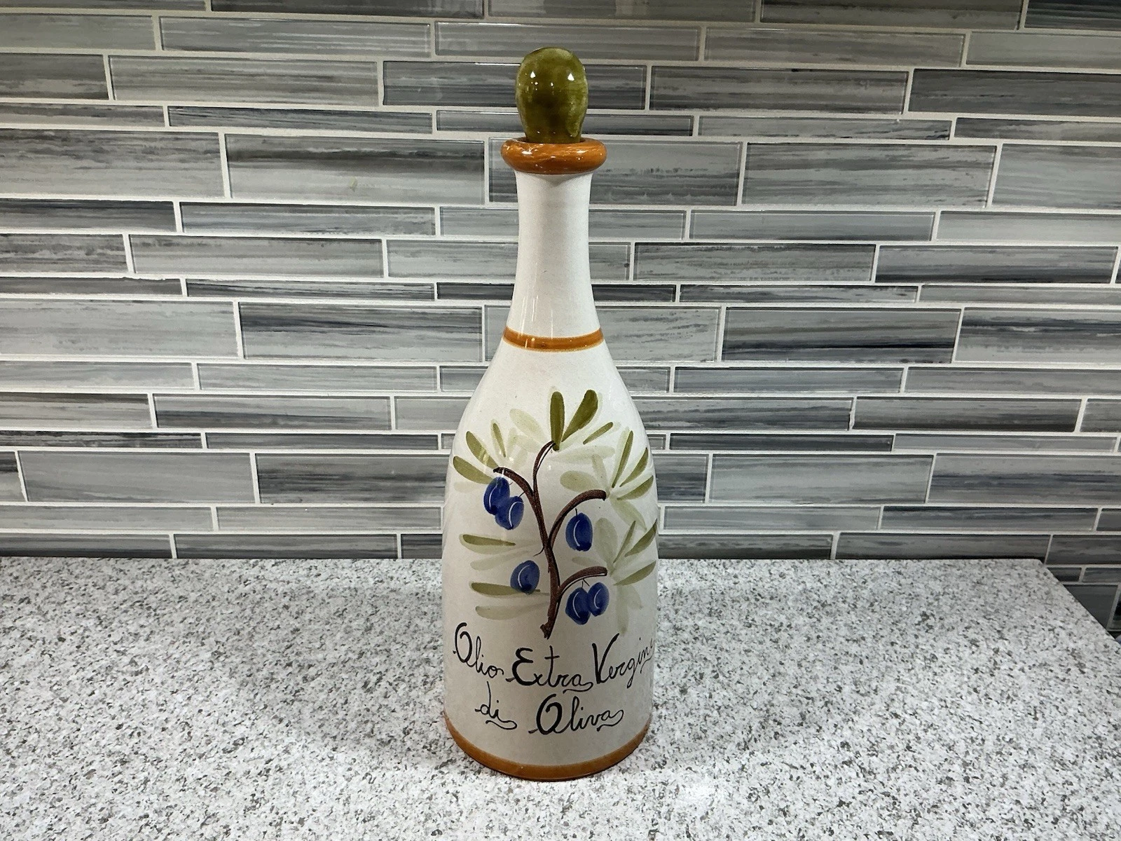Italian Ceramic Olive Oil Bottle Ranieri Italy Hand Painted Olives Tuscan 22”