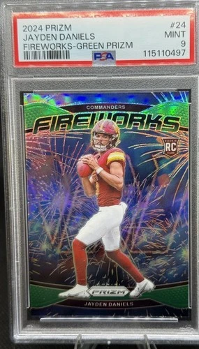 2024 Panini Prizm - Fireworks Jayden Daniels #24 Green Prizm (RC) PSA 9