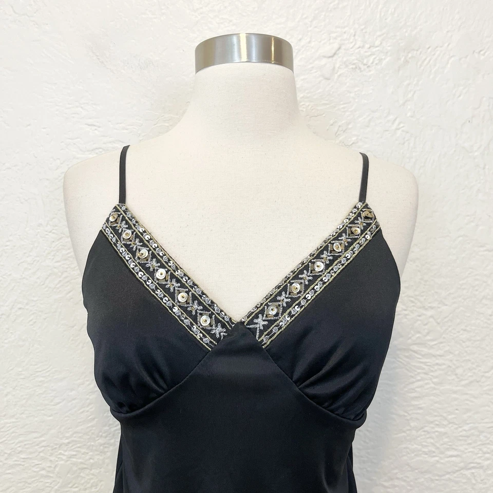 Vintage 90s Y2K Cami Tip Tank Black Beaded Embroidered Whimsigoth Goth Medium M - Image 3 of 4