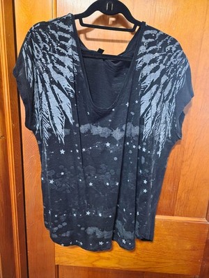 Rock & Republic V-neck Foil Tee Size Large Black/Silver XL