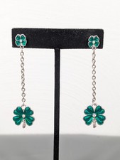 Green Enamel Four Leaf Clover Shamrock St Patricks Day Dangle Earrings Pierced