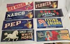 8 Vintage California Fruit Crate Labels Red Wagon White Horse Flying Colors NOS