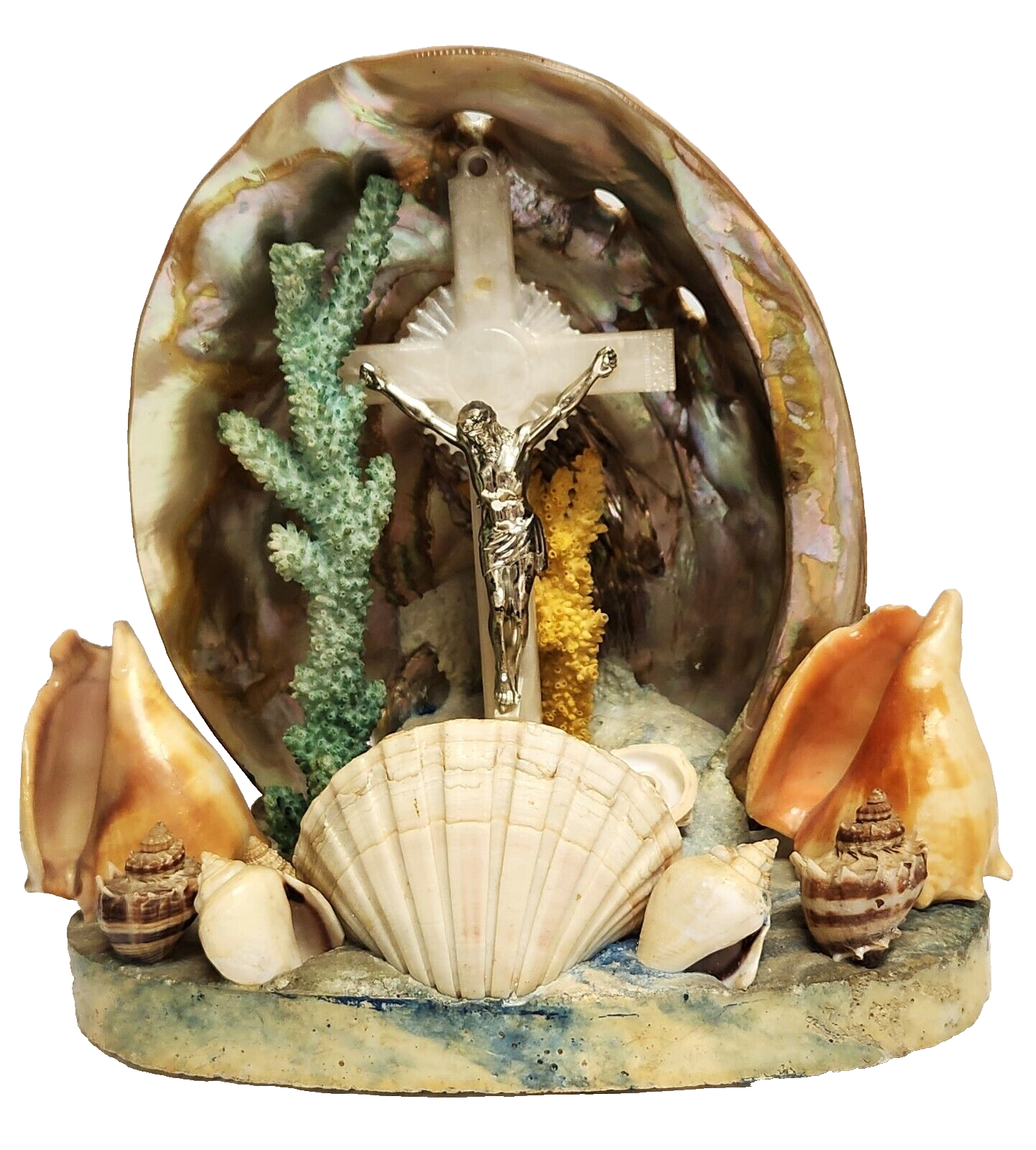 MCM Jesus Crucifix Abalone Seashell Coral Religious Grotto Plaster Base ...