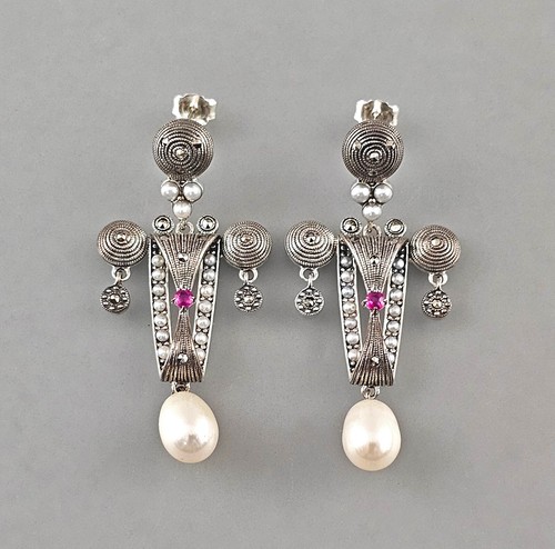 9923495 925er Argent Art Déco Rubis Perles Marcassite Boucles 5,5x2,5cm