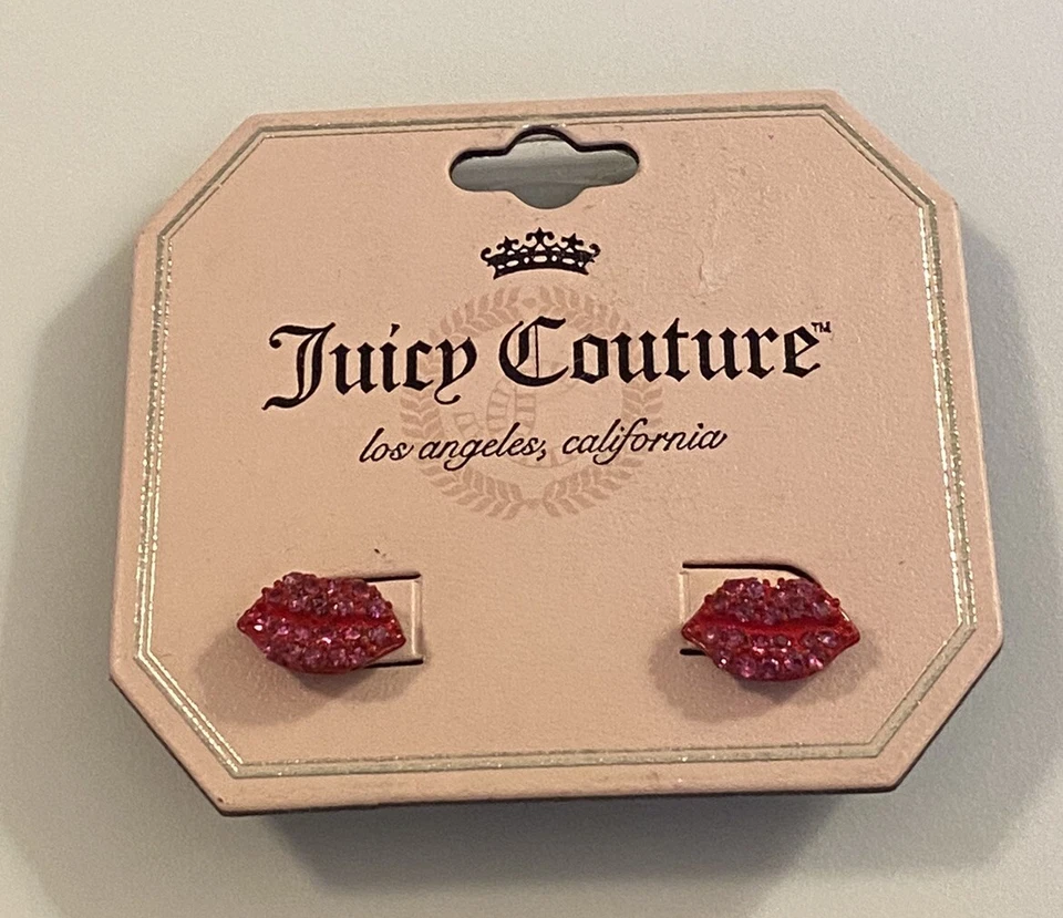 Signed Juicy Couture Red Enamel & Red Rhinestone Painted Lips Pierced Earrings - Image 4 of 4