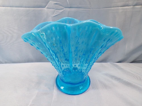 Fenton Blue Opalescent Glass Hobnail Scalloped Melon Rib Fan Vase