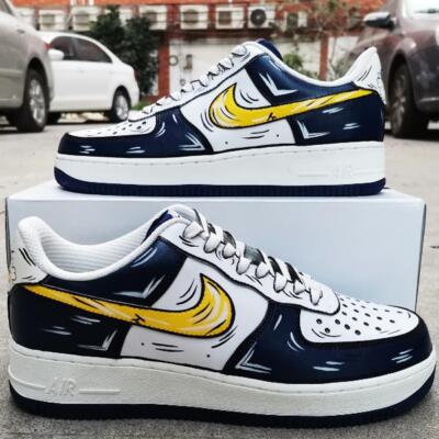 Air Force 1 Custom White Shoes Cartoon Navy Blue, Black & Yellow Art Mens Womens