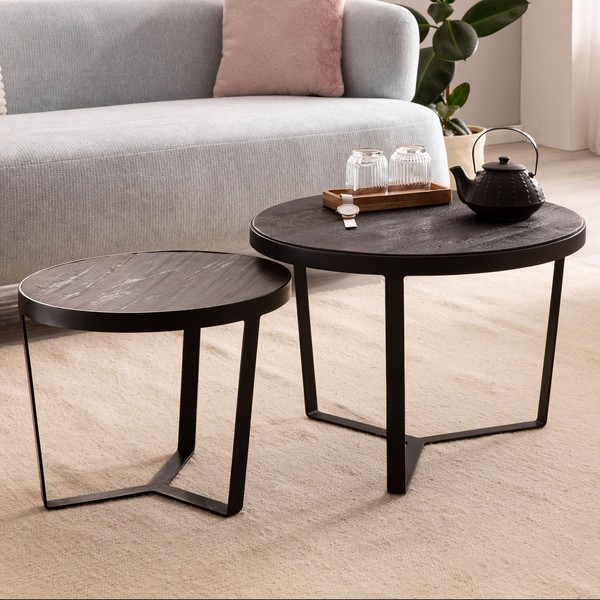 Couchtisch Finebuy Wohnzimmertisch 2Er Set Rund Holz Steinoptik Tisch Schwarz-image
