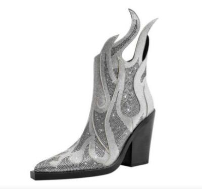Women's Rhinestone Point Toe Cuban Heel Ankle Boot Blingbling Chelsea Party Shoe