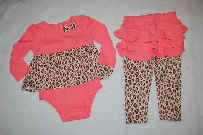 Baby Girls L/S BABYDOLL TOP & SKIRTED LEGGINGS Bright Orange & Leopard 24 MO