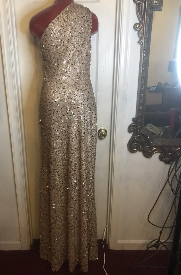 $995 Nuevo Vestido Marc Bouwer Glamiti Un Hombro Beige Lentejuelas-Talla 8   Foto 4 de 4