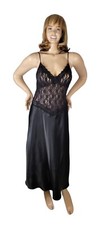 Vtg 80's Cinema Etoile Black Satin  Lace Sheer Top Long Nightgown Lingerie Sz L