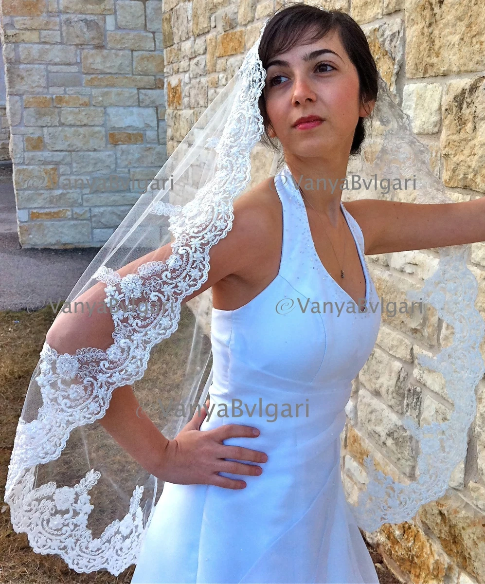 Mariell Gorgeous Beaded Edge Silver Lace Fingertip Bridal Veil