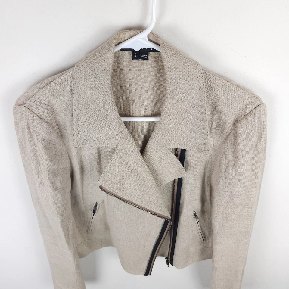 Theory Jacket Womens Large Beige Full Zip Linen Collared Pockets Long Sleeve - Image 4 of 4