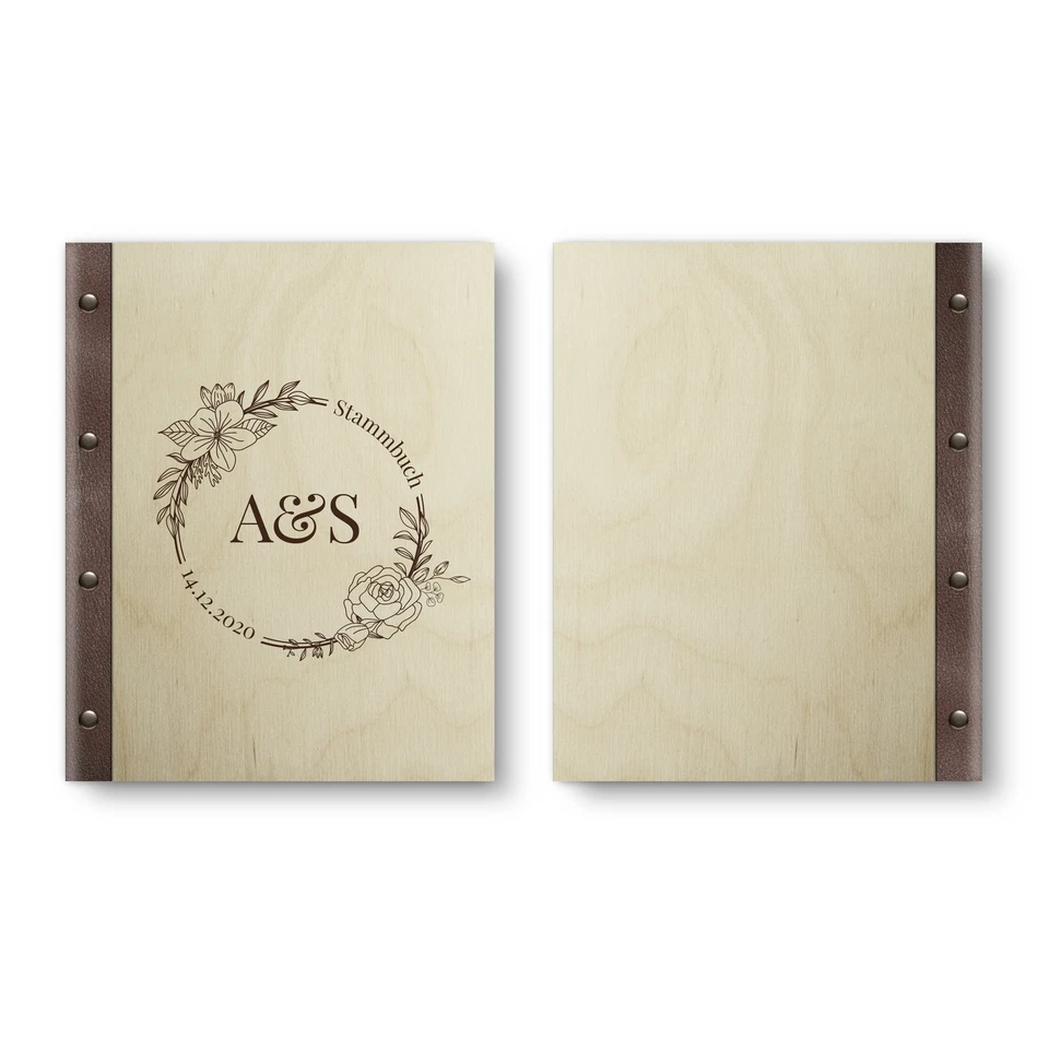 Personalisiertes Stammbuch Birkensperrholz Holz Leder A5 - Blumen Initialen - Bild 3 von 4